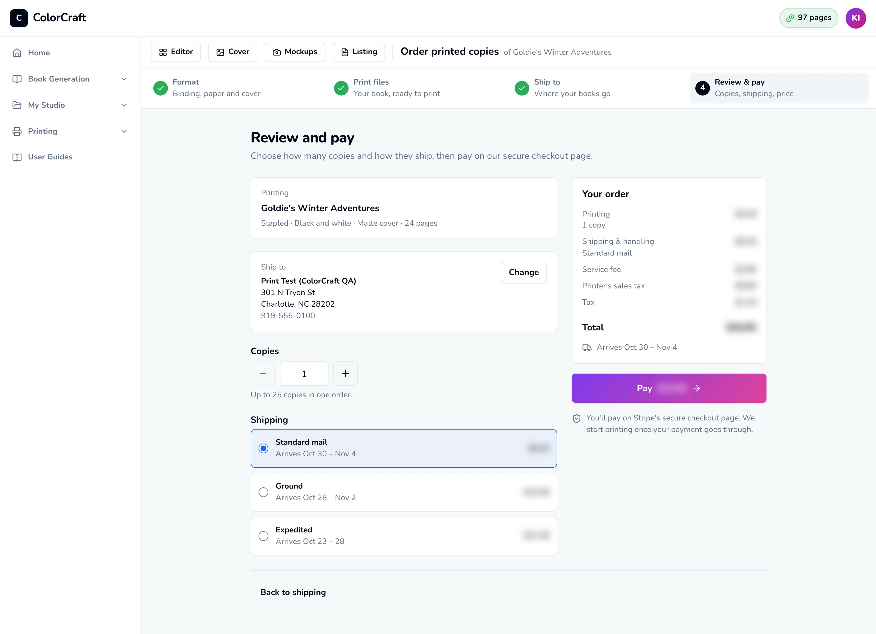 The Review and pay step: the book and format, the shipping address with Change, the copies stepper, three shipping options with arrival dates, and the order breakdown with the Pay button.