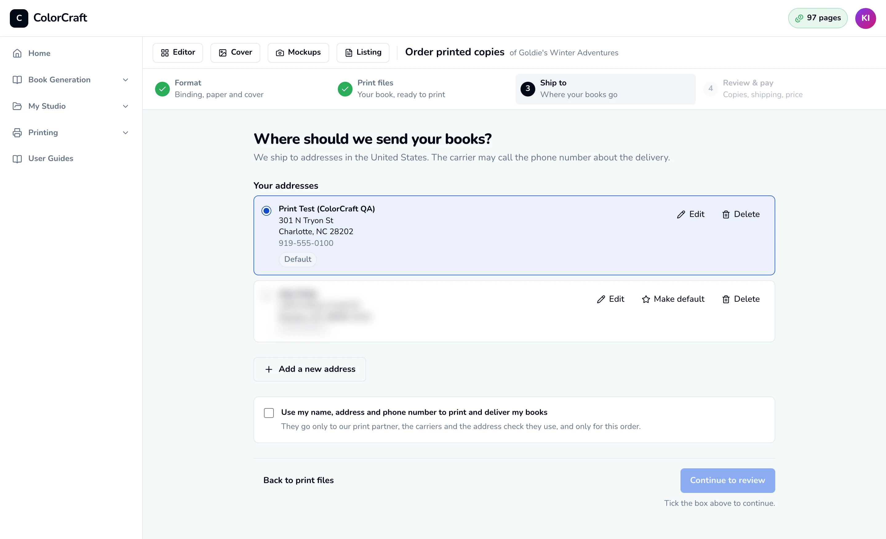 The Ship to step: two saved addresses (one blurred for privacy), Add a new address, and the consent checkbox.