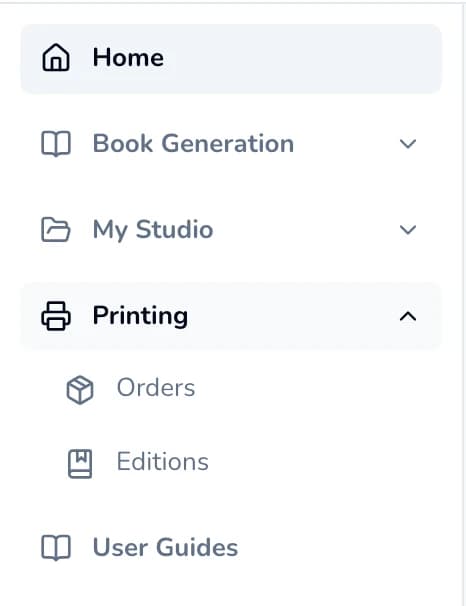 The left menu with the Printing group open, showing Orders and Editions.