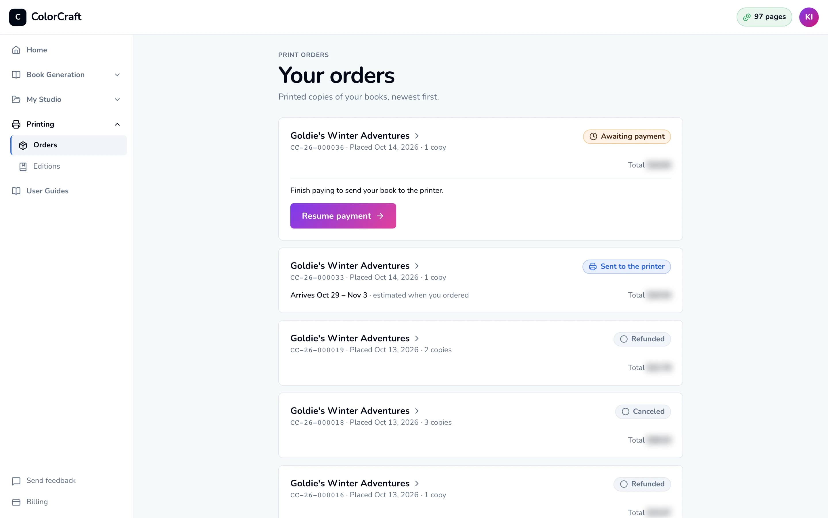 The Orders page listing several orders of one book, each with its order number, date, copies, status (Awaiting payment, Sent to the printer, Refunded, Canceled) and total.