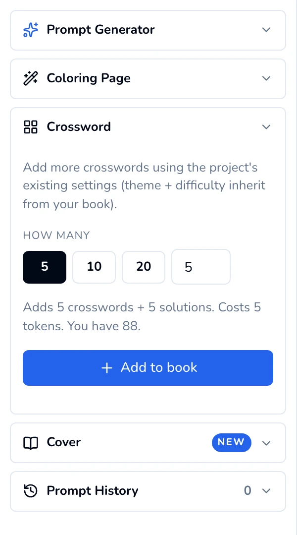 Crossword panel in the editor's left sidebar: Add more crosswords using the project's existing settings, How many 5 / 10 / 20 or a box, a cost line, and Add to book.