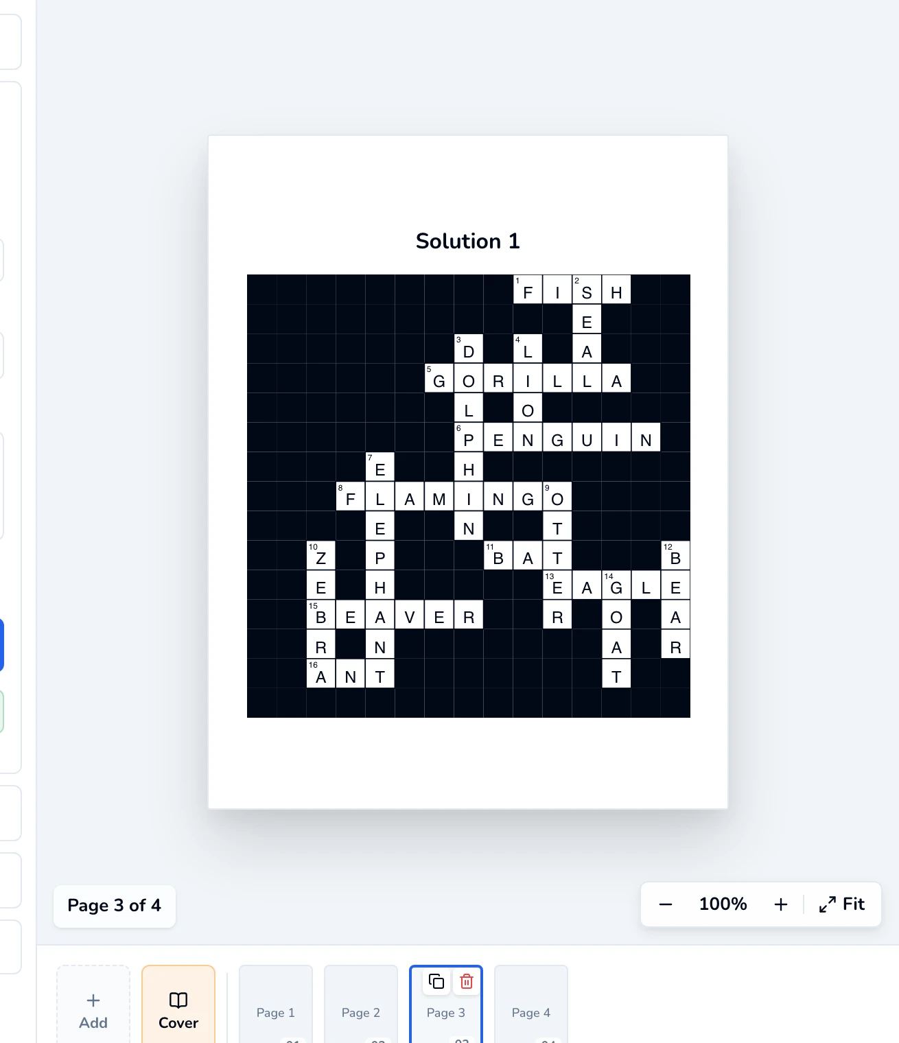 Solution 1 page showing the crossword grid with every answer letter filled in.