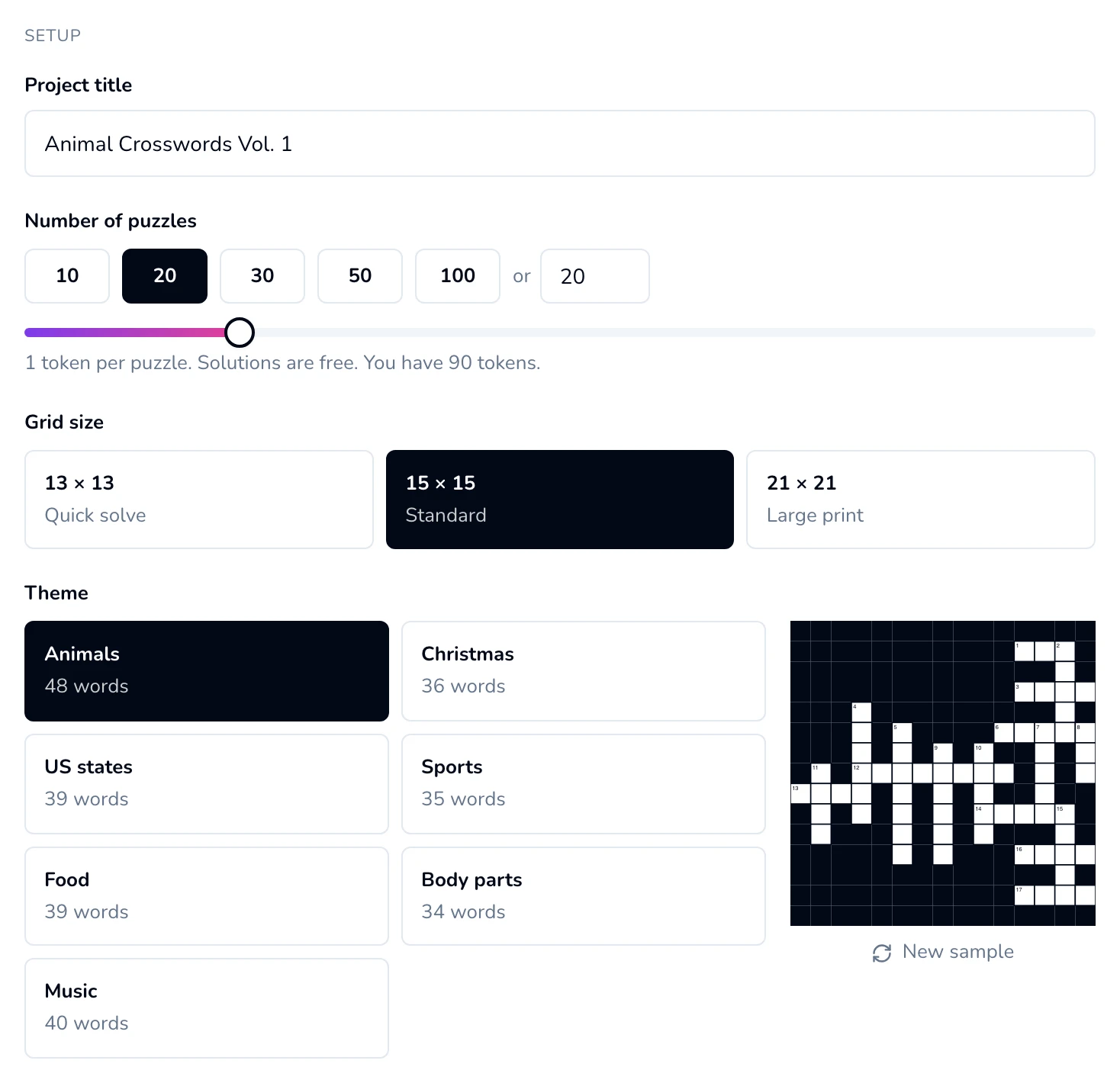 Crossword wizard Setup section: Project title, Number of puzzles, Grid size 13 × 13 / 15 × 15 / 21 × 21, and Theme cards starting with Animals 48 words beside a sample crossword grid.