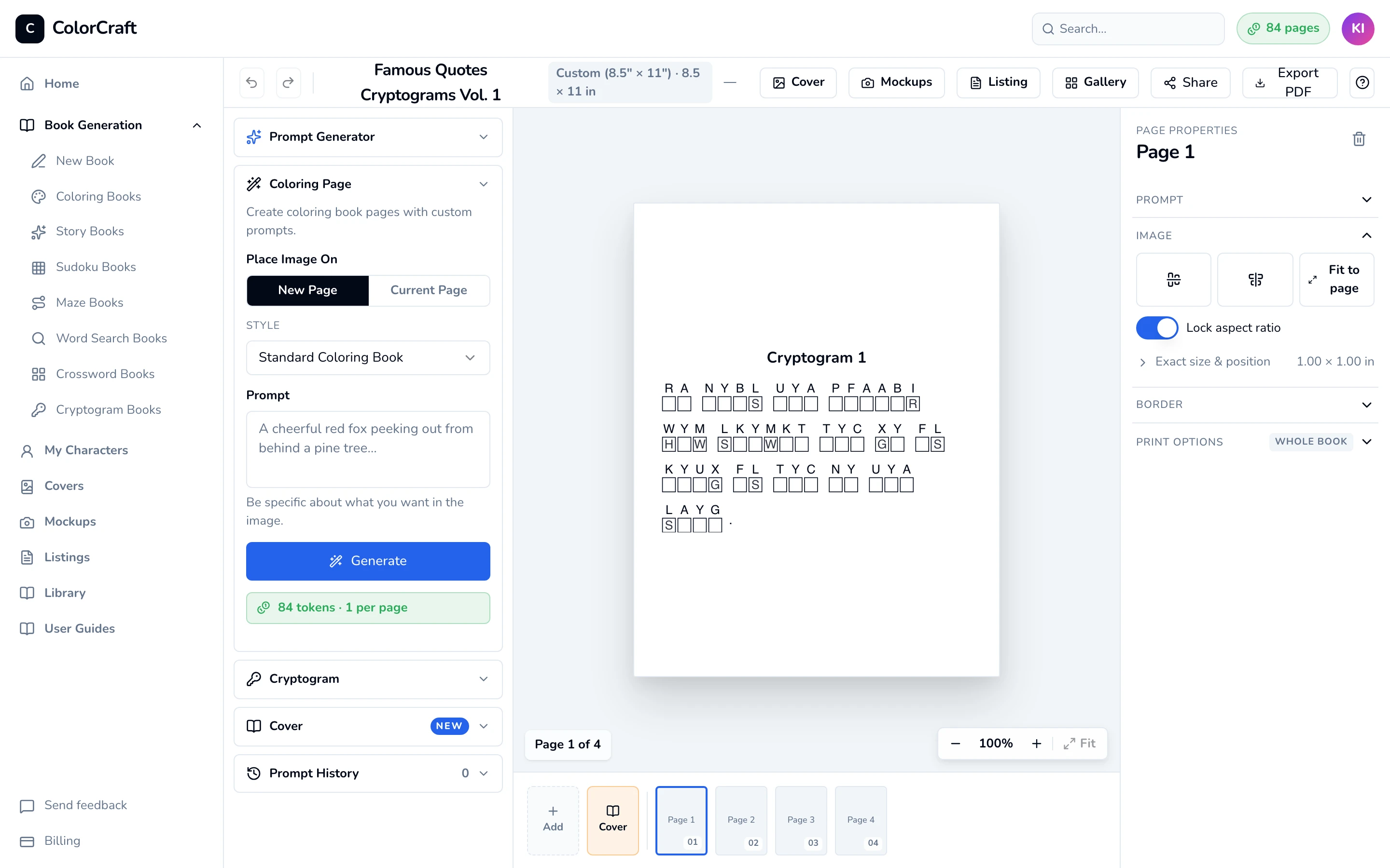 Editor showing Famous Quotes Cryptograms Vol. 1 on Cryptogram 1: rows of code letters, each with a blank answer line below and some hint letters filled in.