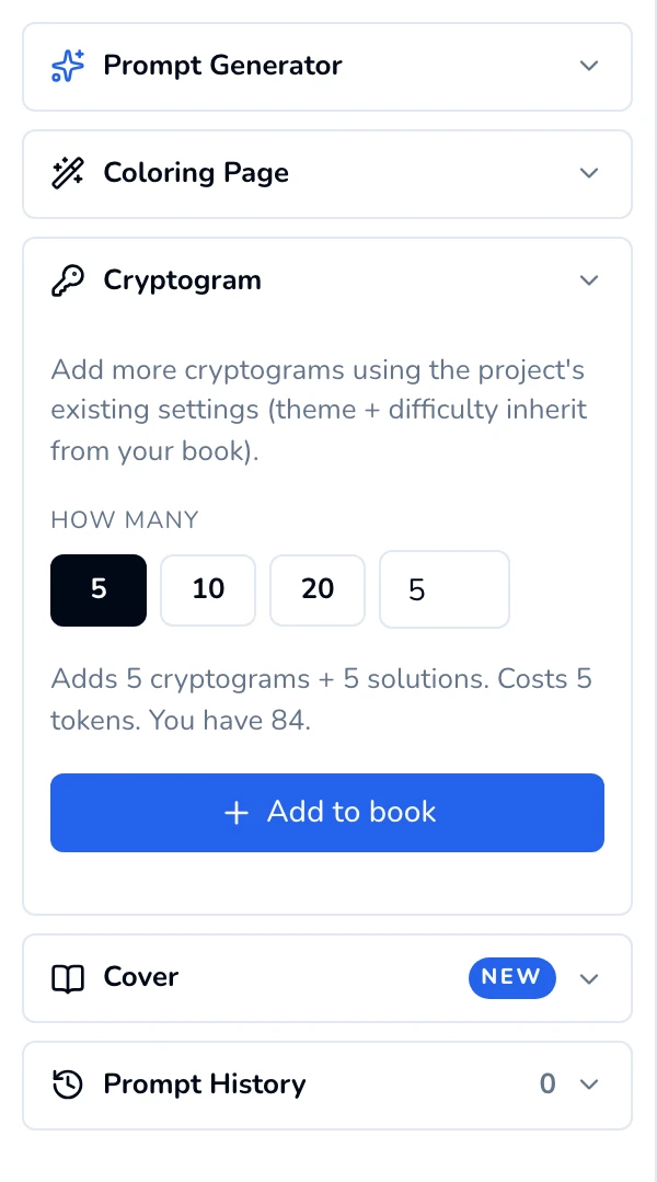 Cryptogram panel in the editor's left sidebar: a note that new puzzles use the book's settings, How many presets and a box, a cost line, and Add to book.