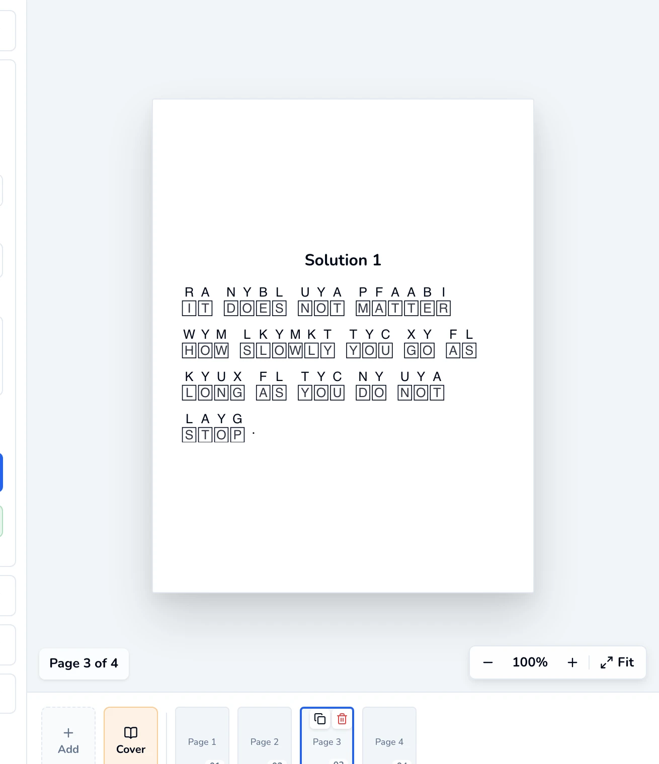 Solution 1 page with every answer letter filled in under its code letter, spelling out the original quote.
