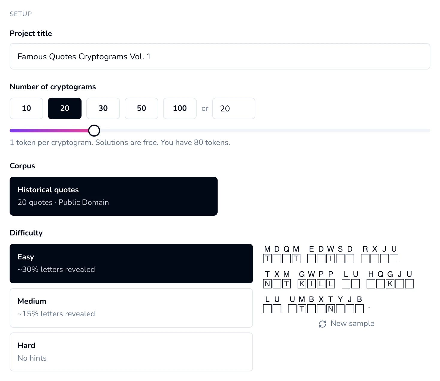 Cryptogram wizard Setup section: Project title, Number of cryptograms, the Historical quotes corpus card with its quote count and licence, and Difficulty with Easy selected beside a sample cryptogram.