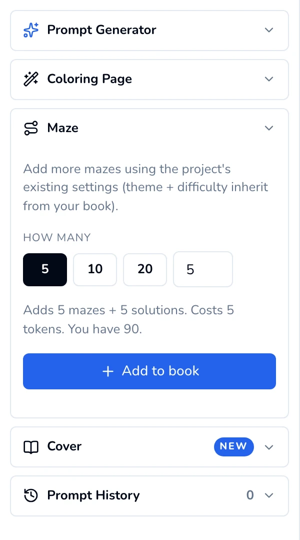 Maze panel in the editor's left sidebar: a note that new mazes use the book's settings, How many presets and a box, a cost line, and the Add to book button.