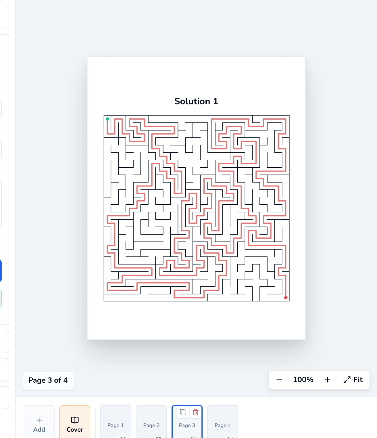Solution 1 page showing the same maze with the route from start to finish traced in red.