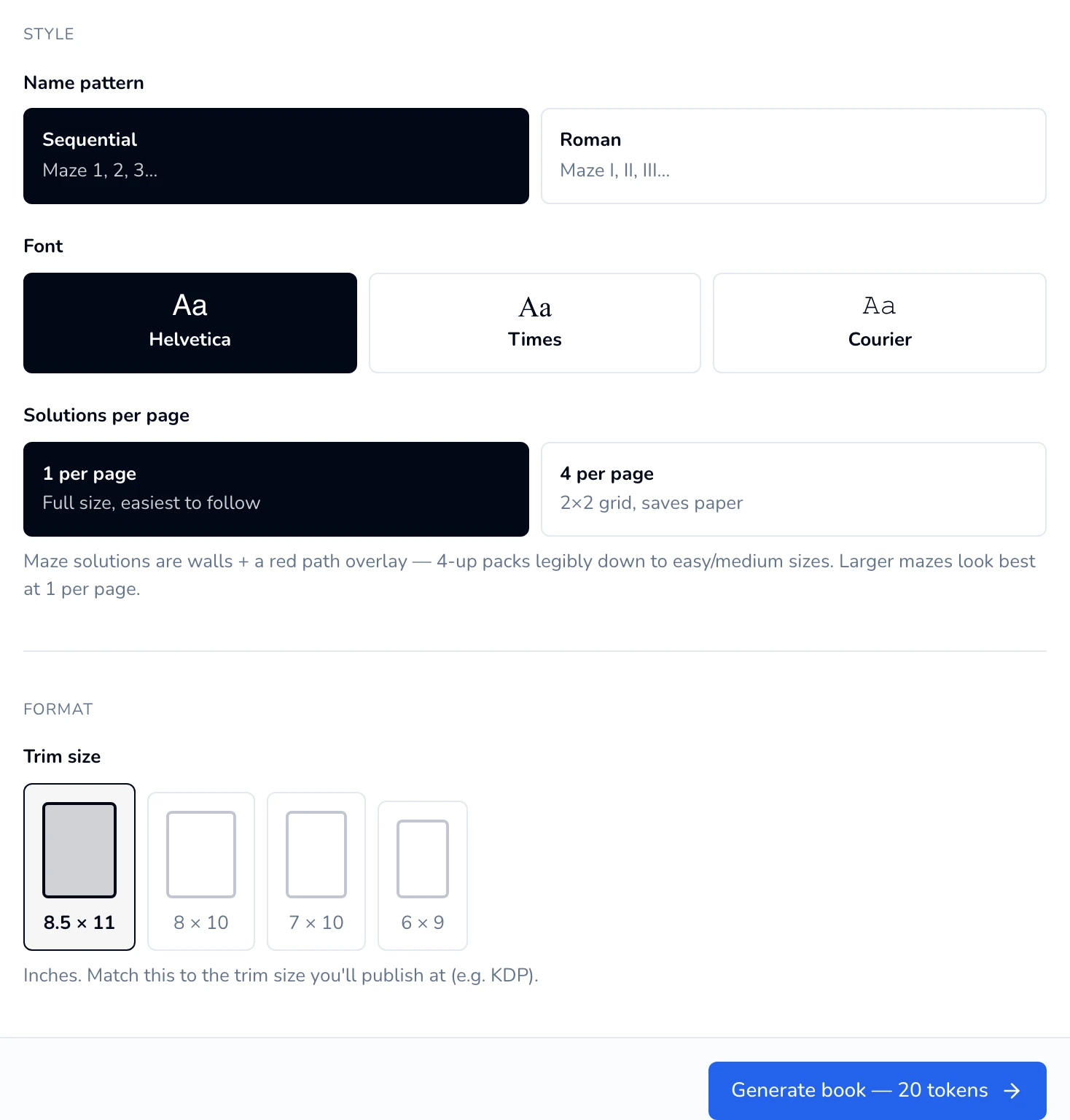 Maze wizard Style and Format sections: Solutions per page 1 or 4 with the legibility note, Trim size choices, and the Generate book button with the book's price.