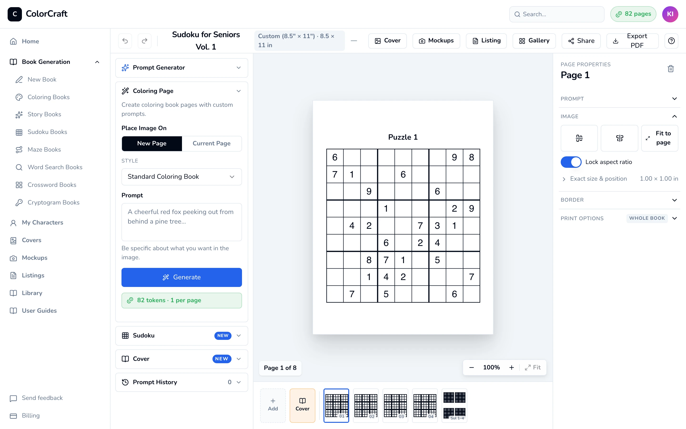 Editor showing Sudoku for Seniors Vol. 1 on Puzzle 1, with the Sudoku panel open in the left sidebar and the page strip at the bottom.