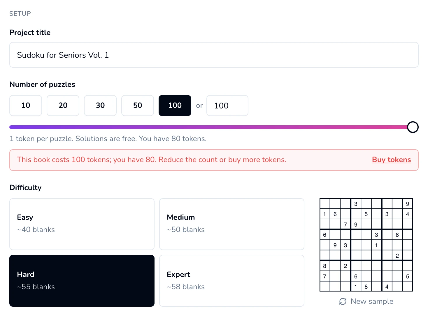 Sudoku Setup section with 100 selected and a red message saying the book needs 100 pages and the balance has 80, with a button to get more.
