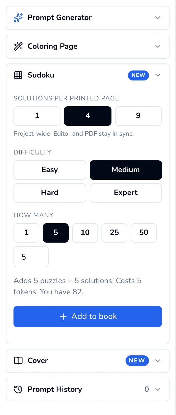 Sudoku sidebar panel with Solutions per printed page 1, 4, 9; Difficulty buttons; How many presets and a box; a cost line; and the Add to book button.