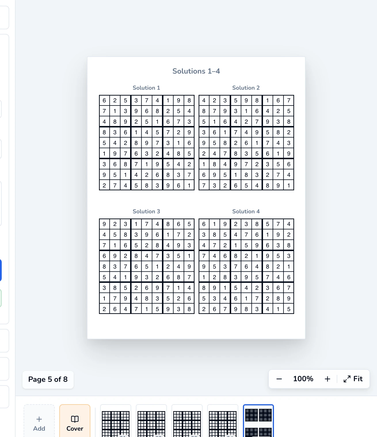 Packed solutions page titled Solutions 1–4 with four solved Sudoku grids in a 2 × 2 layout.