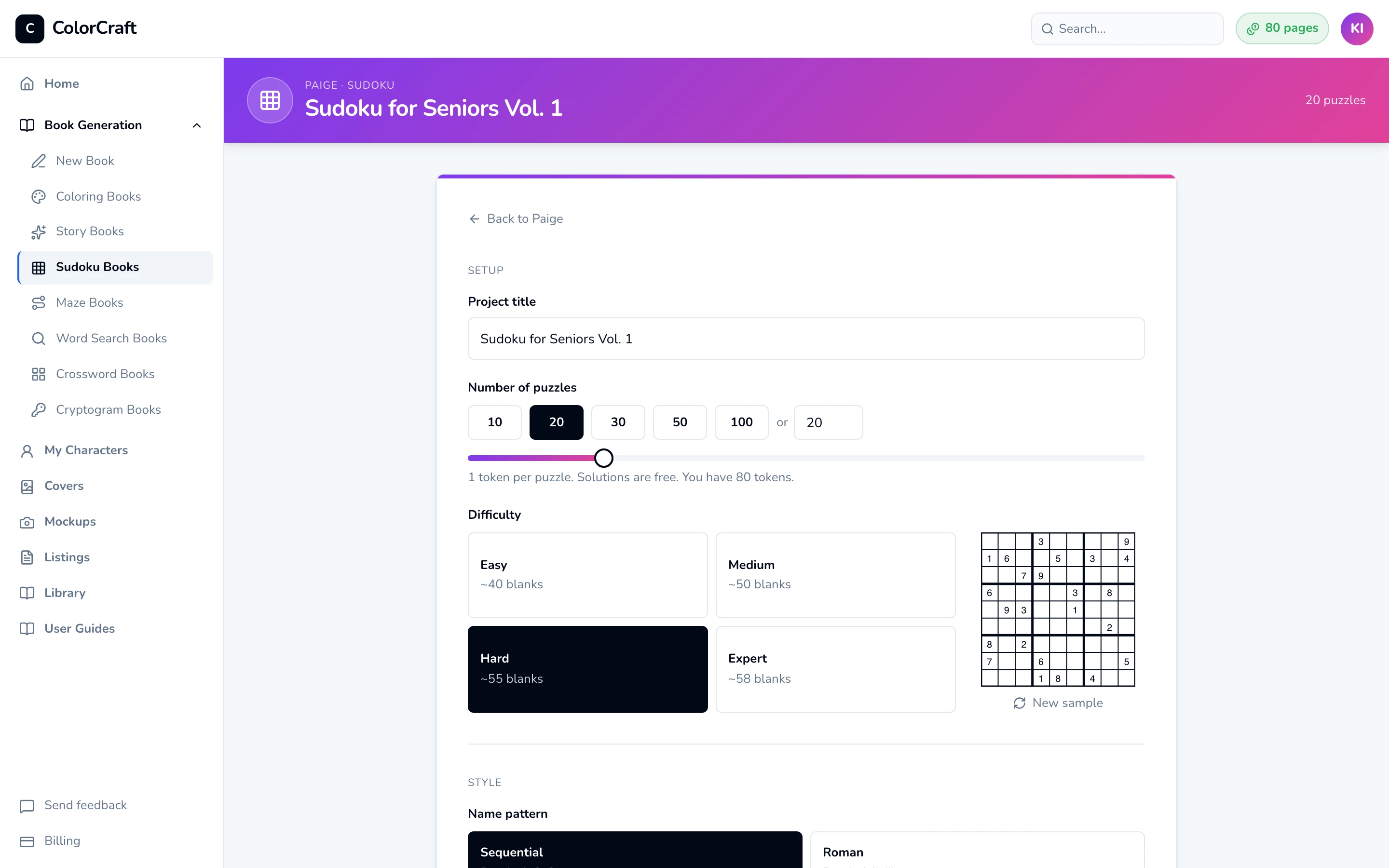 Sudoku wizard Setup section: Project title, Number of puzzles presets with a box and slider, and the Difficulty cards with Hard selected beside a sample Sudoku grid.