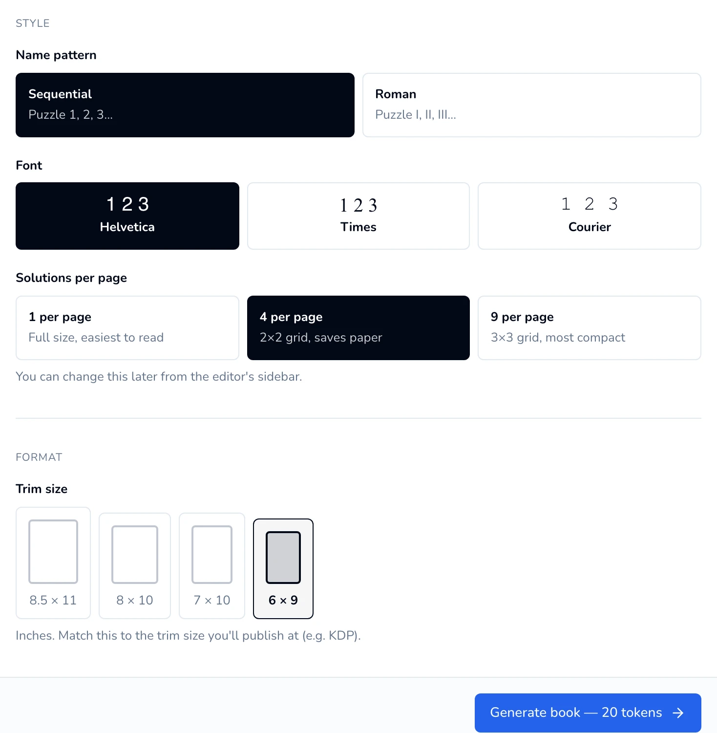 Sudoku wizard Style and Format sections with 4 per page selected under Solutions per page, the 6 × 9 trim selected, and the Generate book button with the book's price.