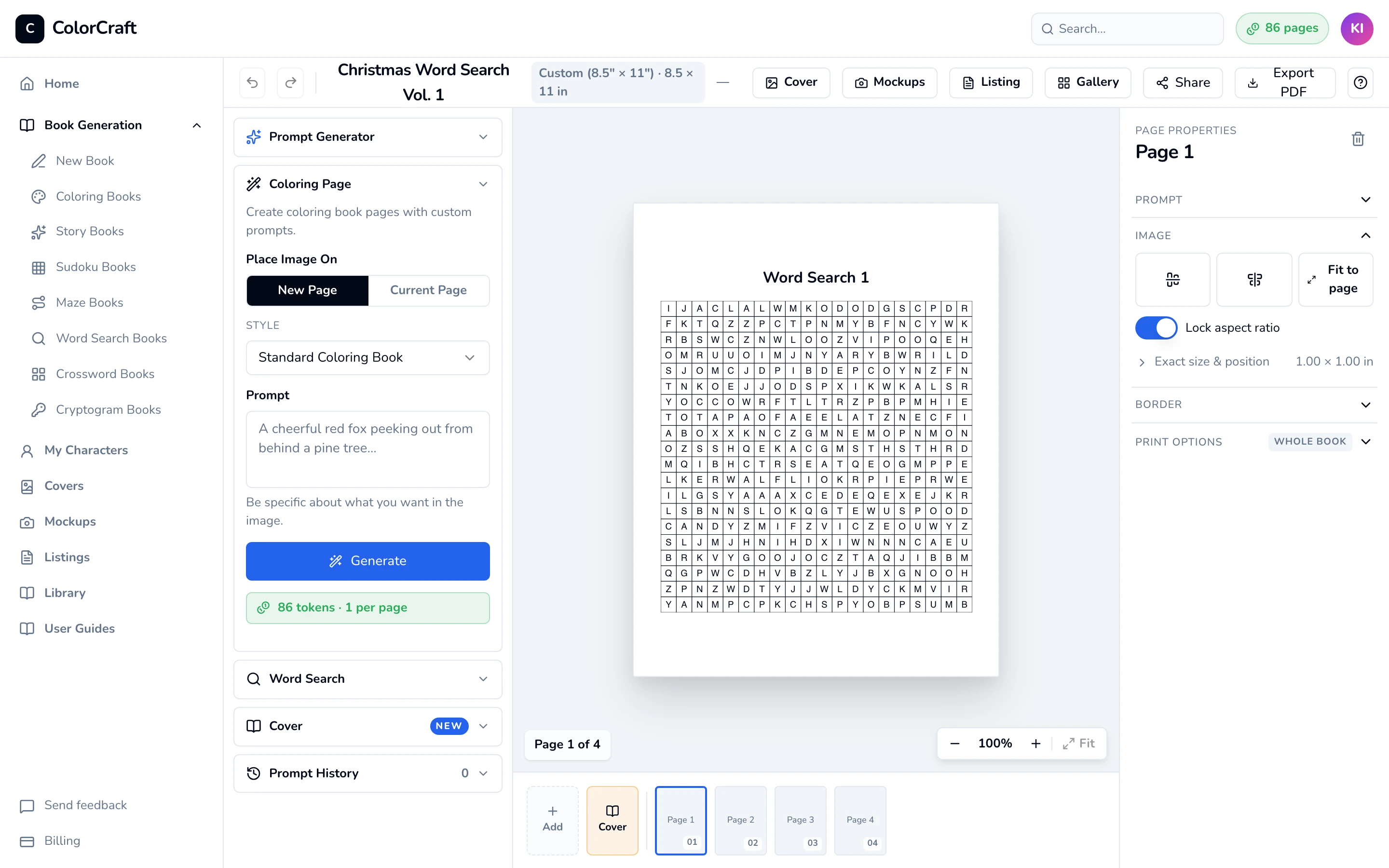 Editor showing Christmas Word Search Vol. 1 on Word Search 1: a 20 × 20 letter grid on the page.