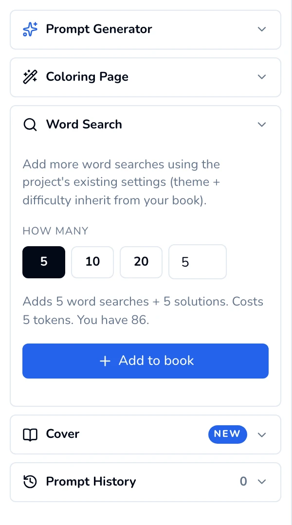 Word Search panel in the editor's left sidebar: a note that new puzzles use the book's settings, How many presets and a box, a cost line, and Add to book.