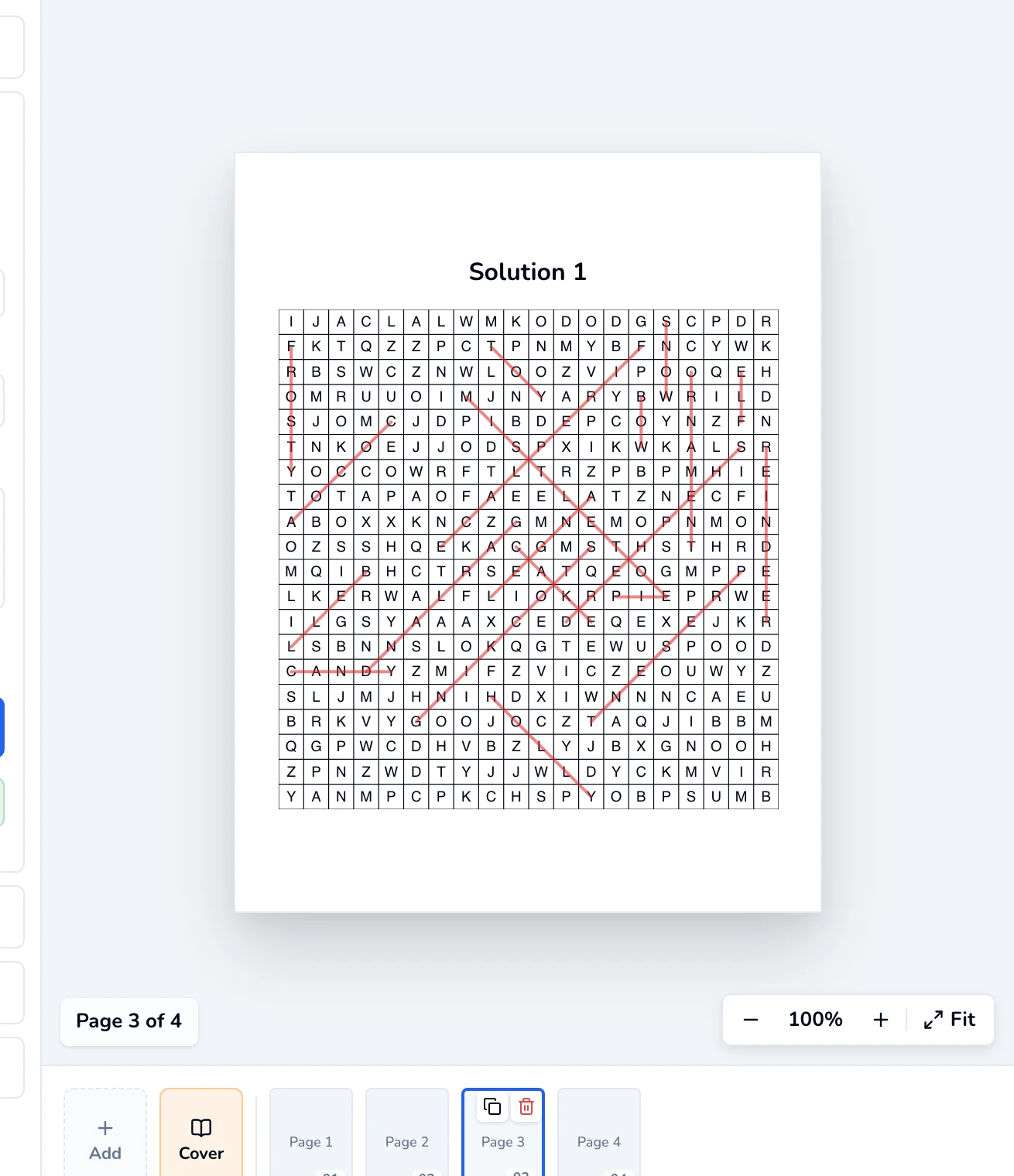 Solution 1 page showing the letter grid with a red highlighter stroke through every hidden word.