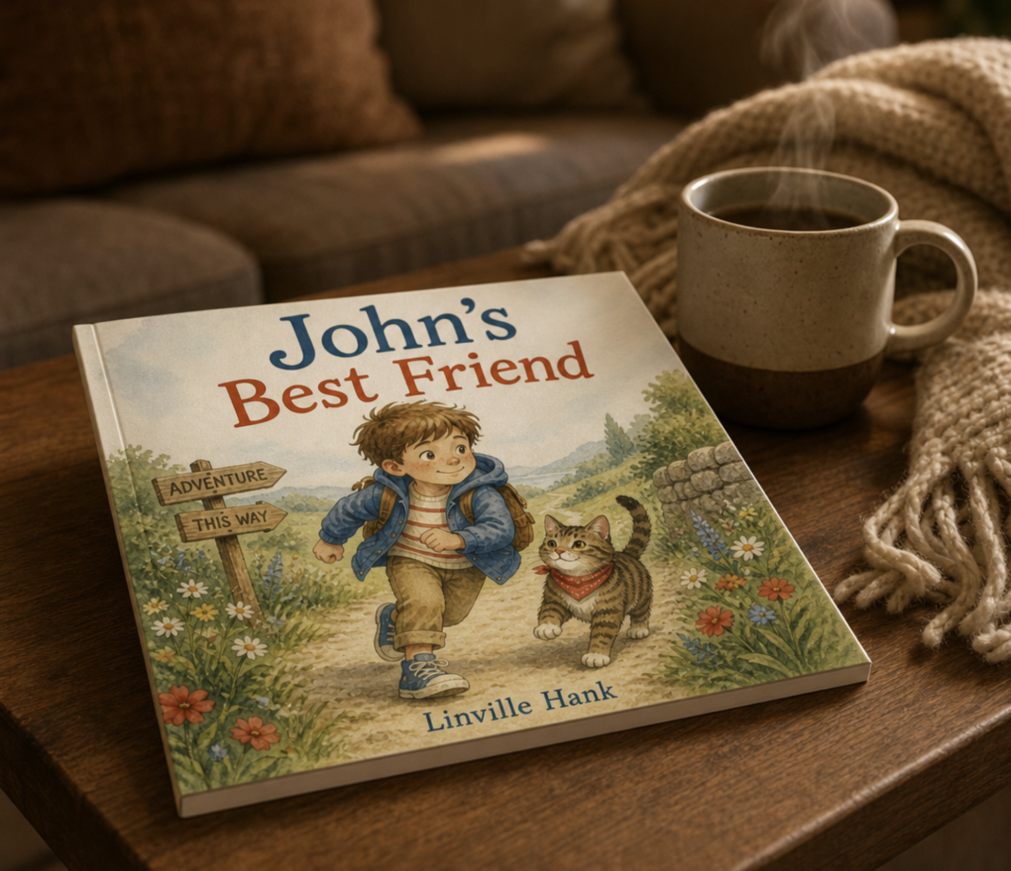 Sample illustrated children's storybook page with a consistent main character.